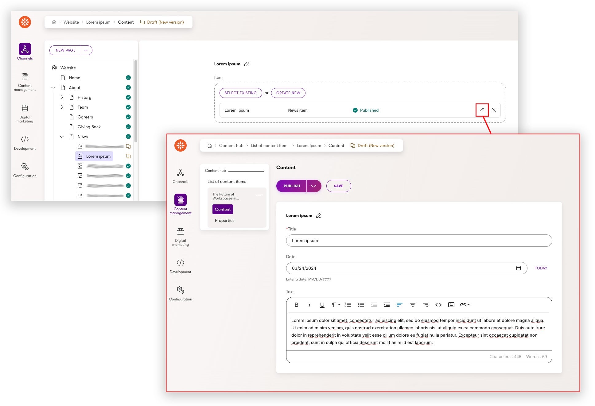 Outline of News page content model in Xperience by Kentico